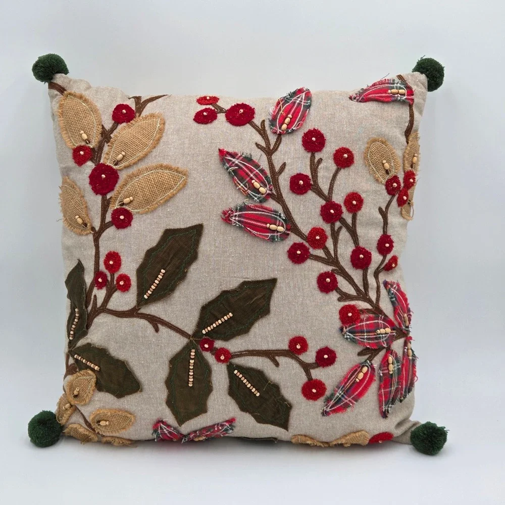 Holiday Holly‎ Berry Embroidered Throw Pillow Leaf Branch Plaid Pom Poms 18